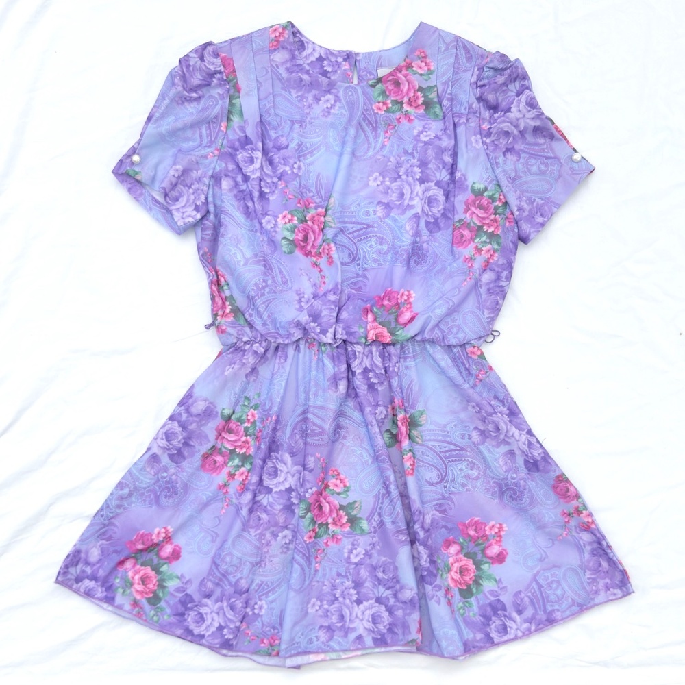 Vintage 80s California Looks Pink Purple Blue Floral Paisley Short Sleeve Dress